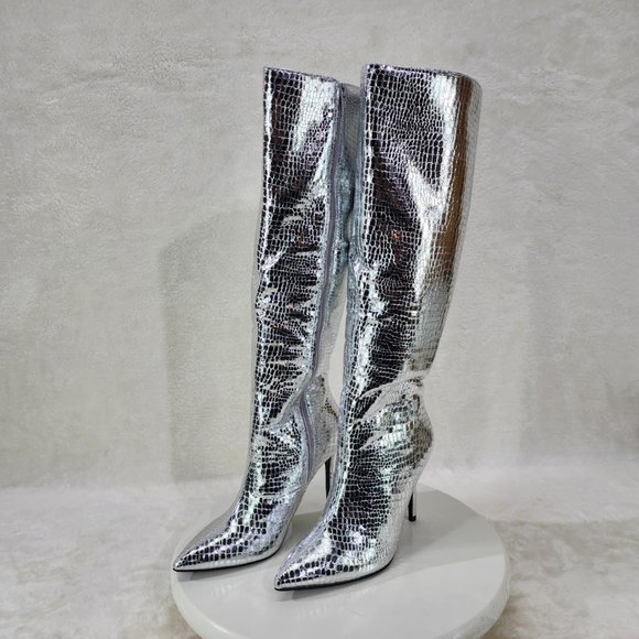 Silver Metallic  Festive   Pointy Toe Boots With 4 inch Stiletto Heel - Picture 2 of 11